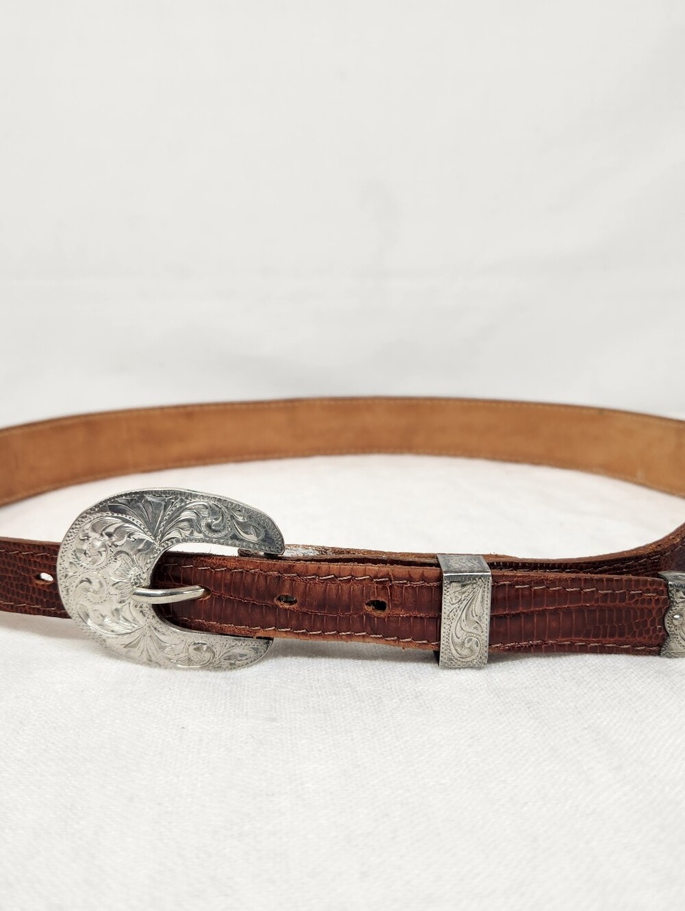 Vintage Tony Lama Mens 32 Exotic Reptile Leather Belt Sterling Overlay Western